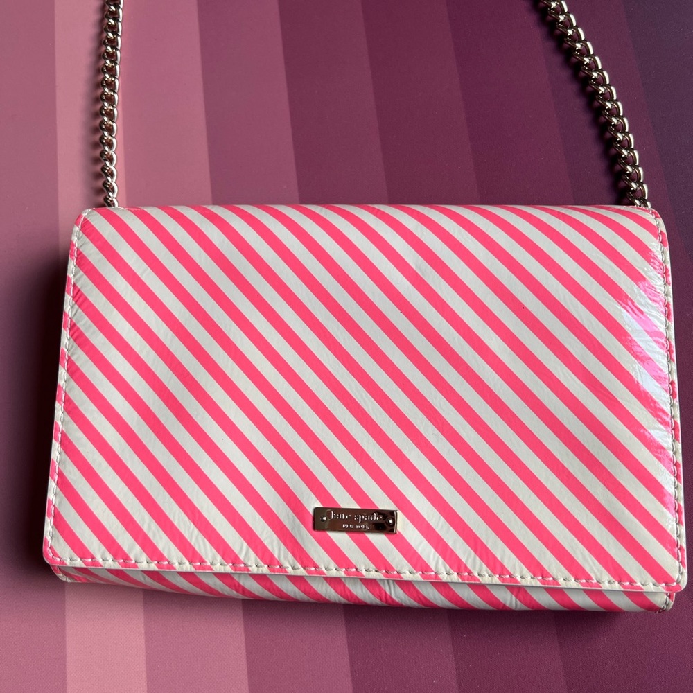 100% authentic Kate Spade, patent leather, pink stripe mini bag.